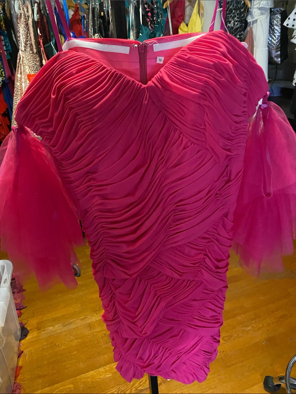 Sydney's Closet Hot Pink Ruched Off-Shoulder Mini Dress